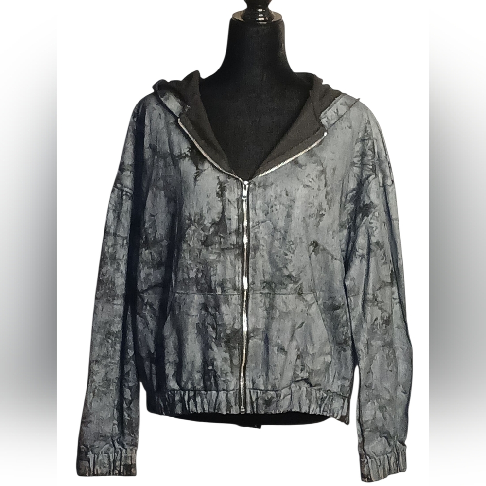 SHEIN Women's Black and Gray 100% Cotton Denim Jean Jacket Zip Up Hoodie